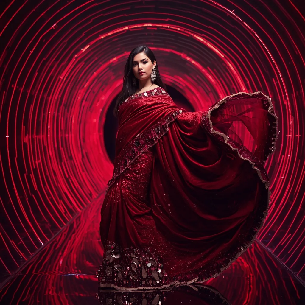 Crimson Titanium Infinity Saree with Dynamic Laser Spiral Corridors | Fantasy Ai Prompt