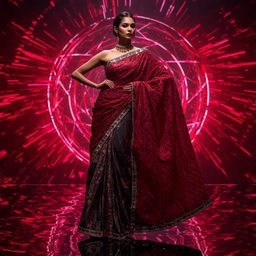 Crimson Titanium Infinity Saree with Dynamic Laser Spiral Worlds | Cinematic Ai Prompt