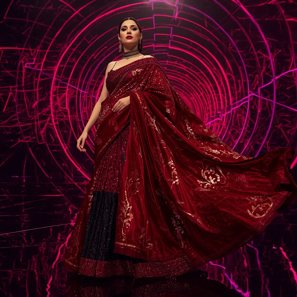 Crimson Titanium Quantum Saree with Dynamic Laser Spiral Palaces | Trending Prompts For Instagram For Girl