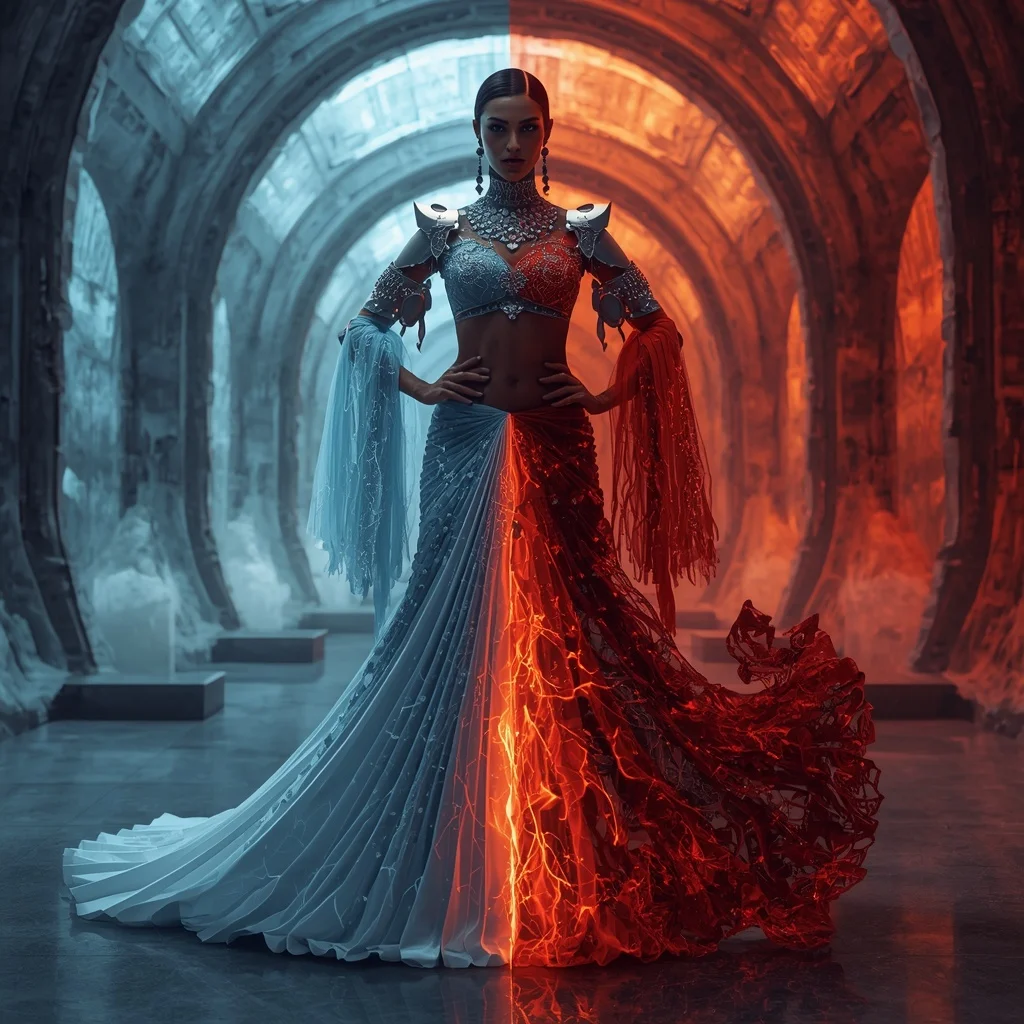 Cryo-Lava Fusion Saree with Split Element Rift | Gemini Ai Prompt For Instagram