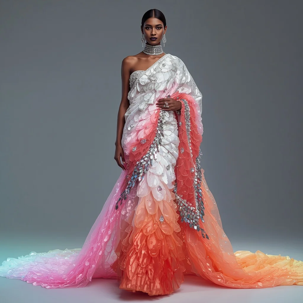 Crystal Aurora Flame Saree with Hologram Wave Infinity Cathedral | Gemini Ai Photo Prompt