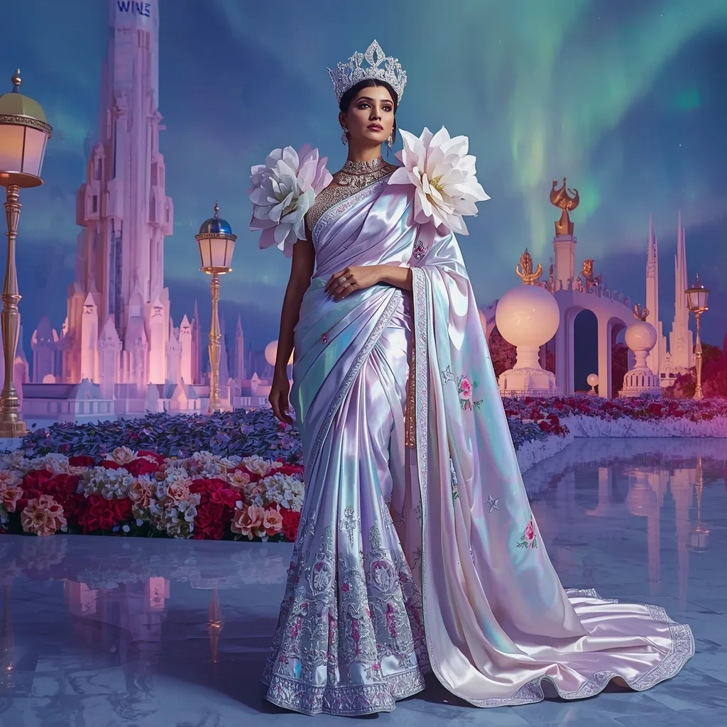 Crystal Aurora Garden Palace Saree with Polar Floral Empire | Trending Ai Prompt