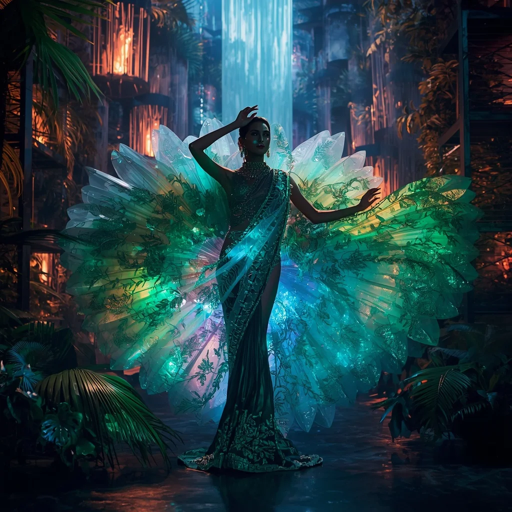 Crystal Aurora Jungle Saree with Floating Neon Nature Megaverse | Korean Ai Prompt