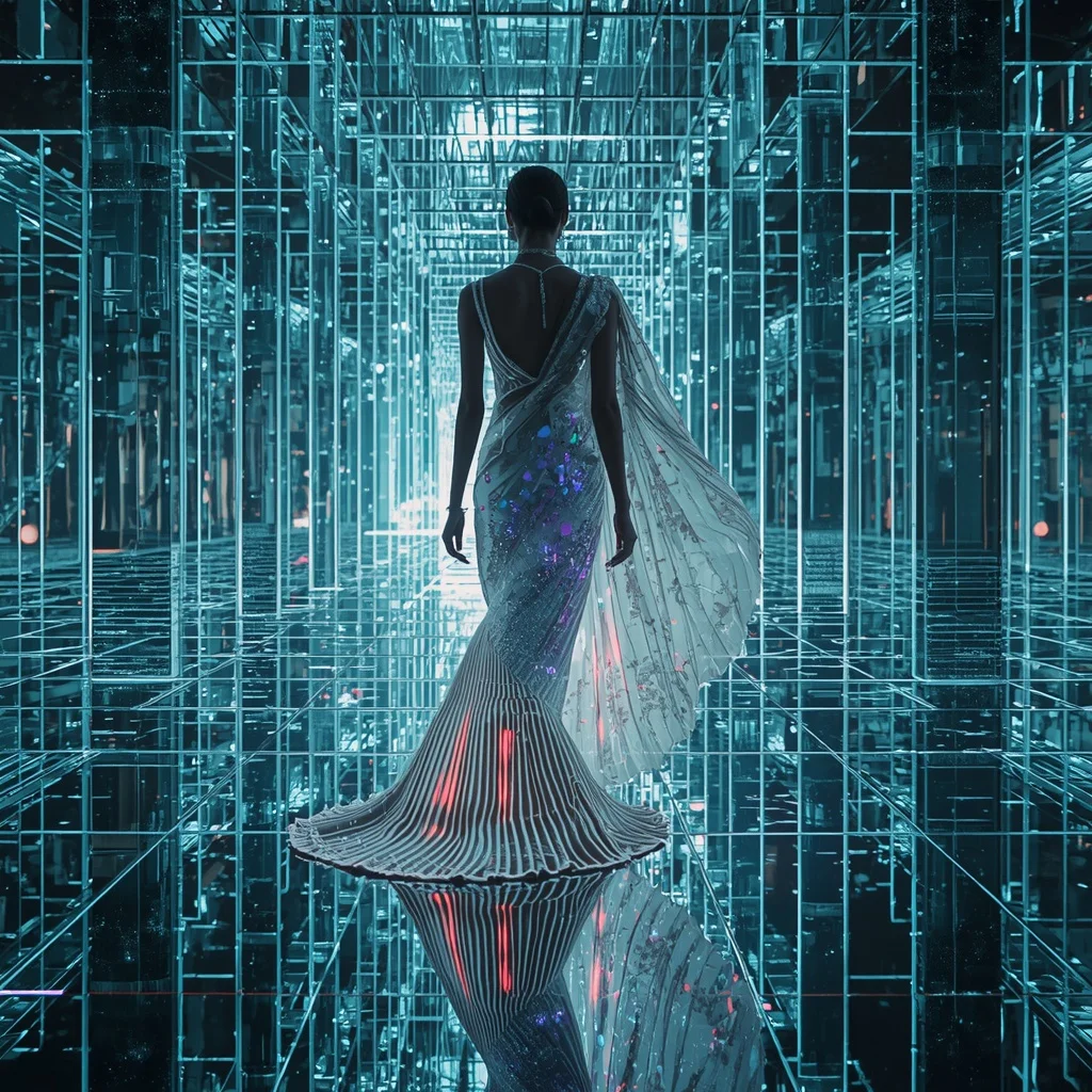Crystal Aurora Mirror Maze Saree with Infinite Light Labyrinth Universe | Whatsapp Dp Ai Prompt