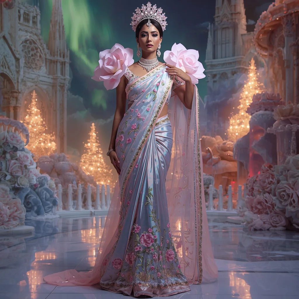 Crystal Aurora Rose Cathedral Saree with Polar Bloom Dominion | Prompt For Traditional Look On Instagram