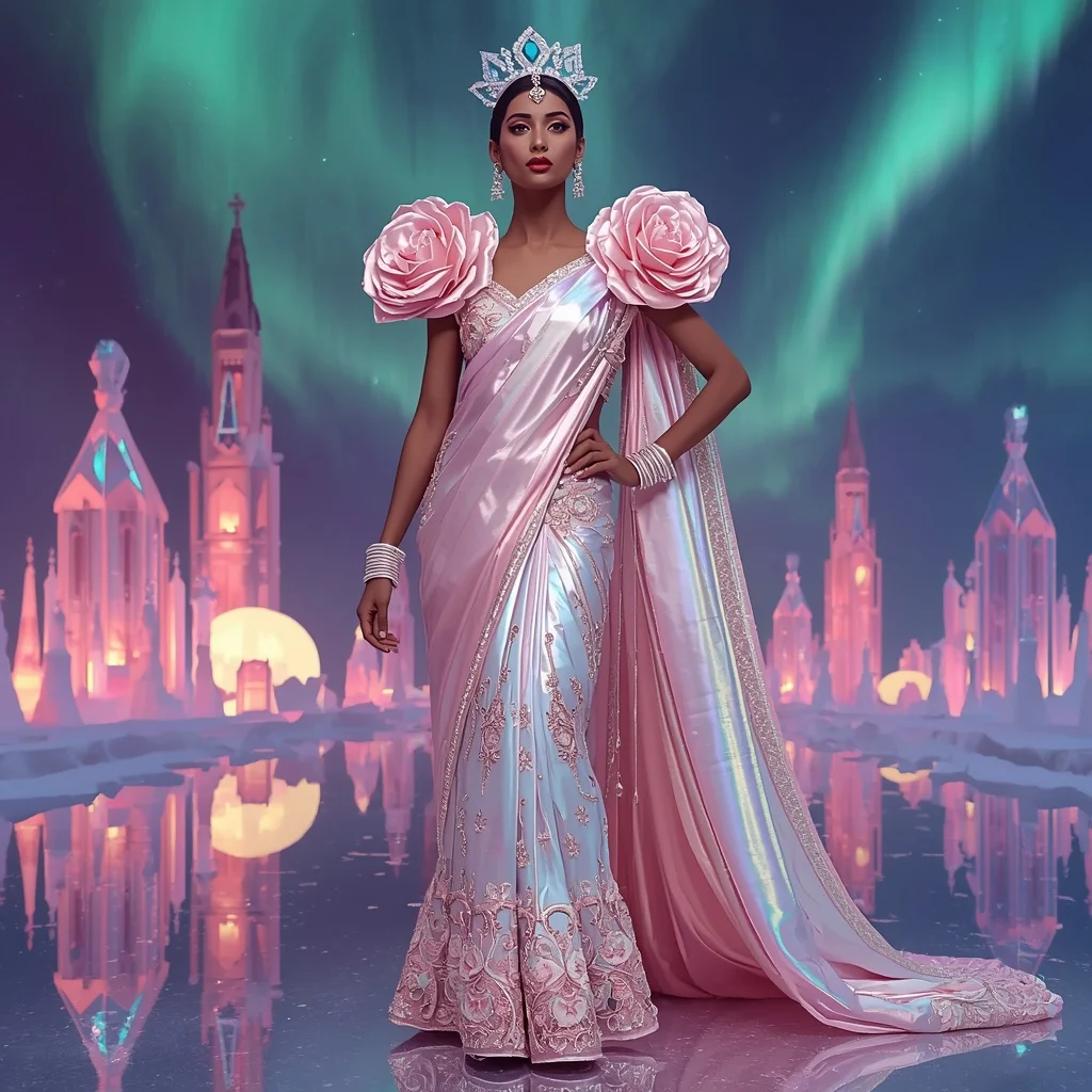 Crystal Aurora Rose Cathedral Saree with Polar Bloom Dominion | New Instagram Trend Prompt For Girl Attitude