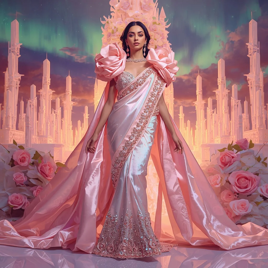 Crystal Aurora Rose Cathedral Saree with Polar Bloom Dominion | Instagram Highlight Cover Ai Prompt