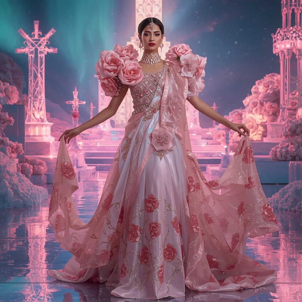 Crystal Aurora Rose Cathedral Saree with Polar Bloom Dominion | Instagram Story Ai Prompt
