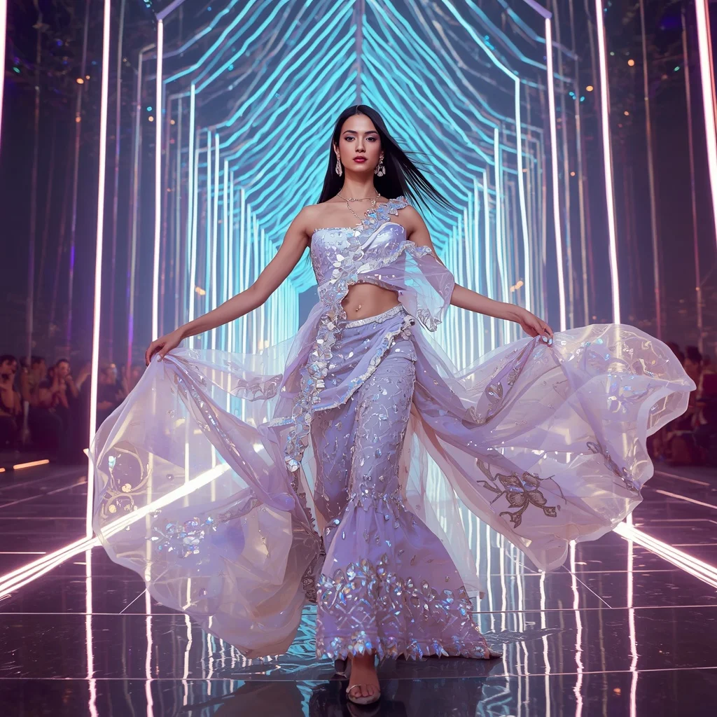 Crystal Aurora Royale Saree with Infinity Hologram Architecture | Beautiful Saree Girl Ai Prompt Cinematic