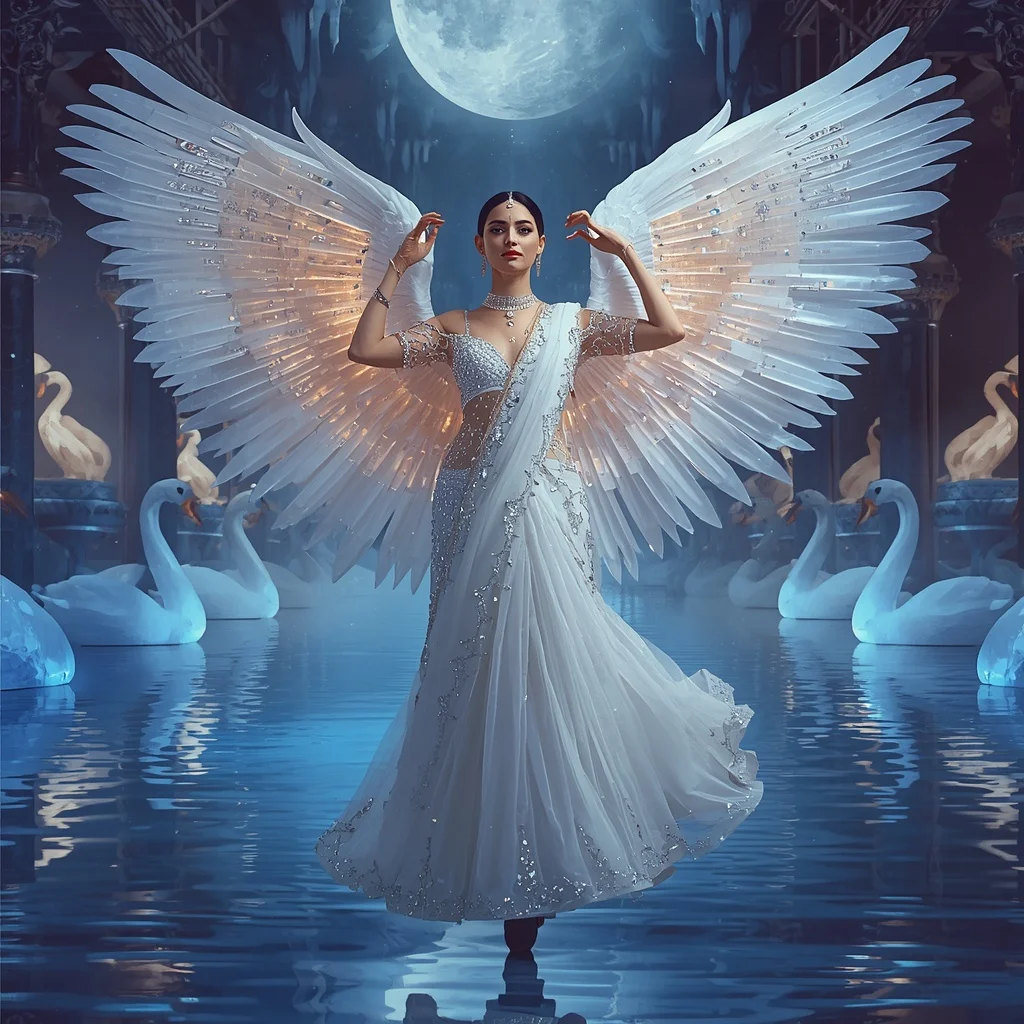 Crystal Aurora Swan Saree with Floating Moon Lake Palace | Prompt For Gemini AI Girl Trending