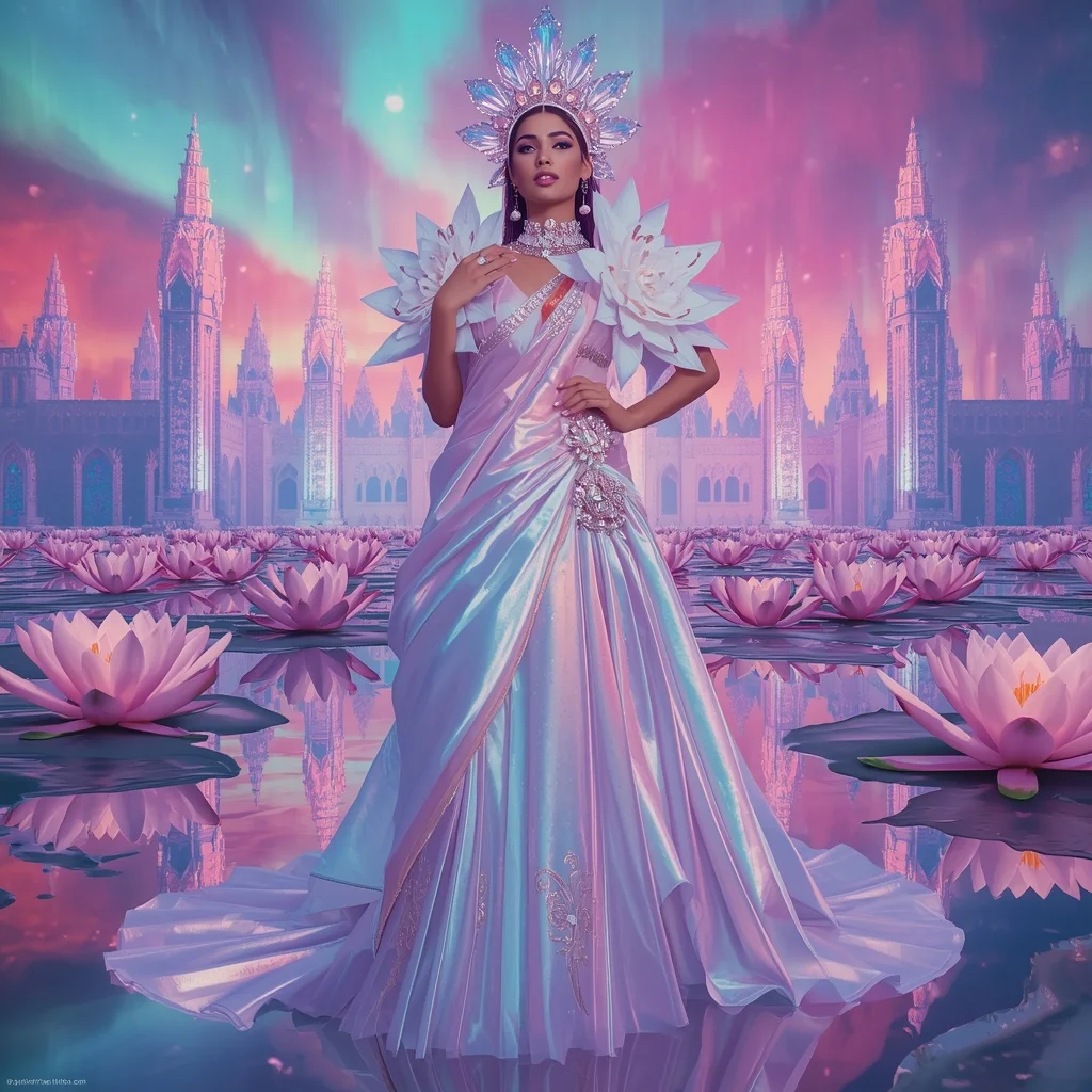 Crystal Aurora Water Lily Saree with Polar Bloom Cathedral Kingdom | Creative Ai Prompt
