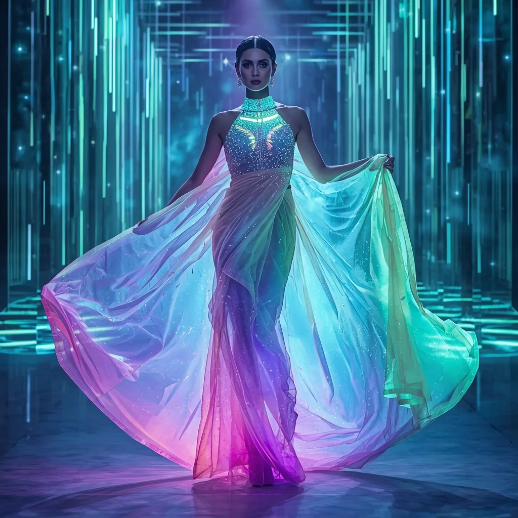 Crystal Aurora Wave Saree with Floating Light Curtains | Cute Ai Prompt