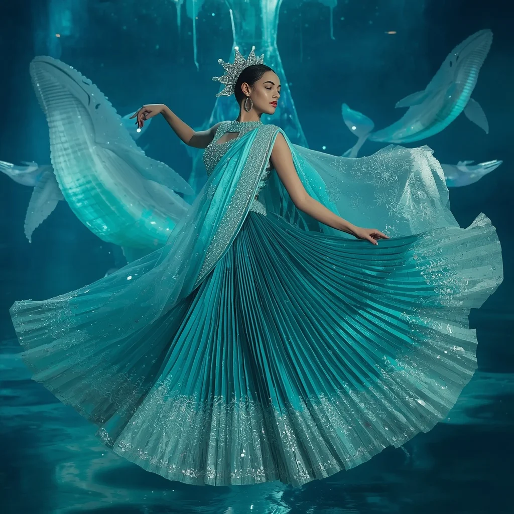 Crystal Aurora Whale Saree with Floating Polar Ocean Kingdom | Ai Portrait Prompt