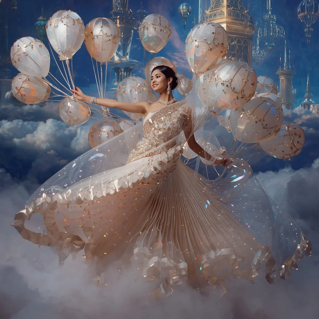 Crystal Balloon Festival Saree with Floating Celebration Cloud City | Prompt For Gemini AI Girl Style Trending Instagram