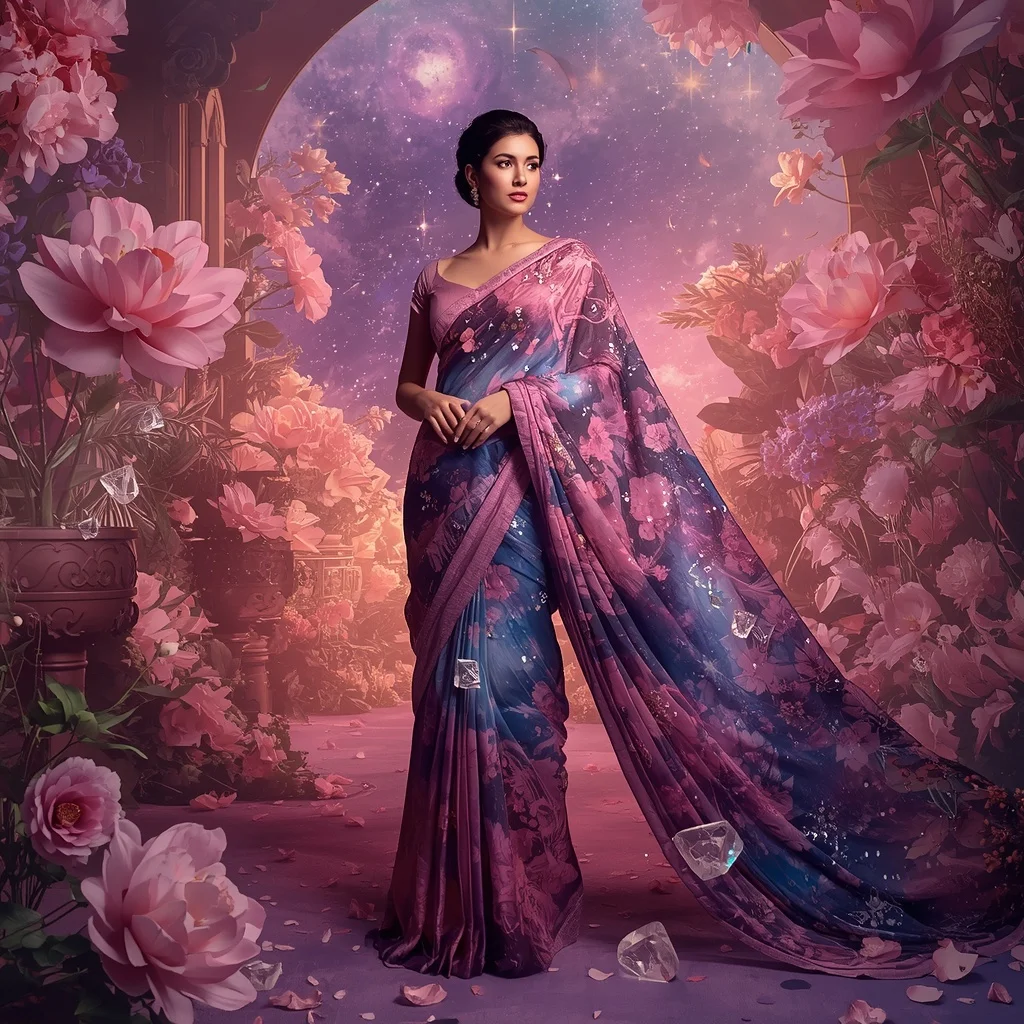 Crystal Bloom Galaxy Saree with Floating Flower Universe | Prompt Gemini