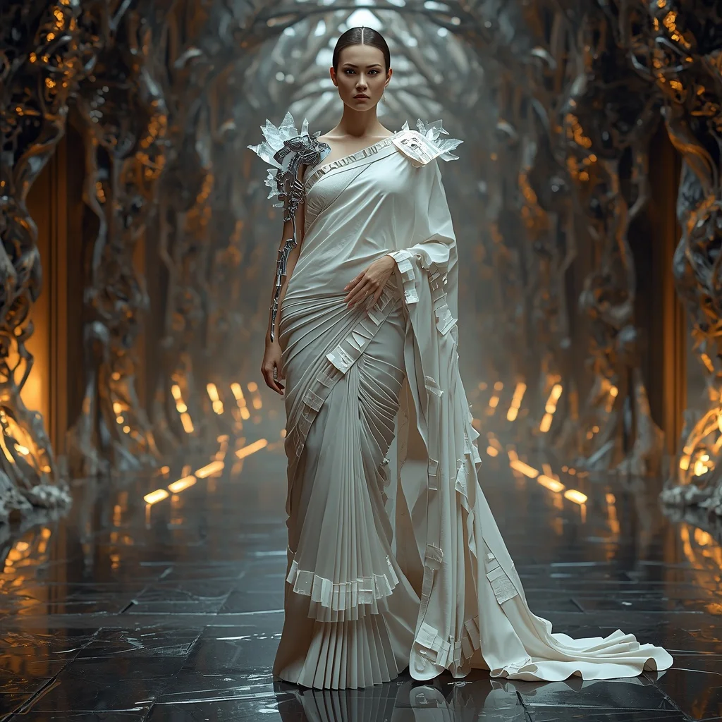 Crystal Bone Architecture Saree with Bio-Mechanical Hall | Midjourney Prompt List