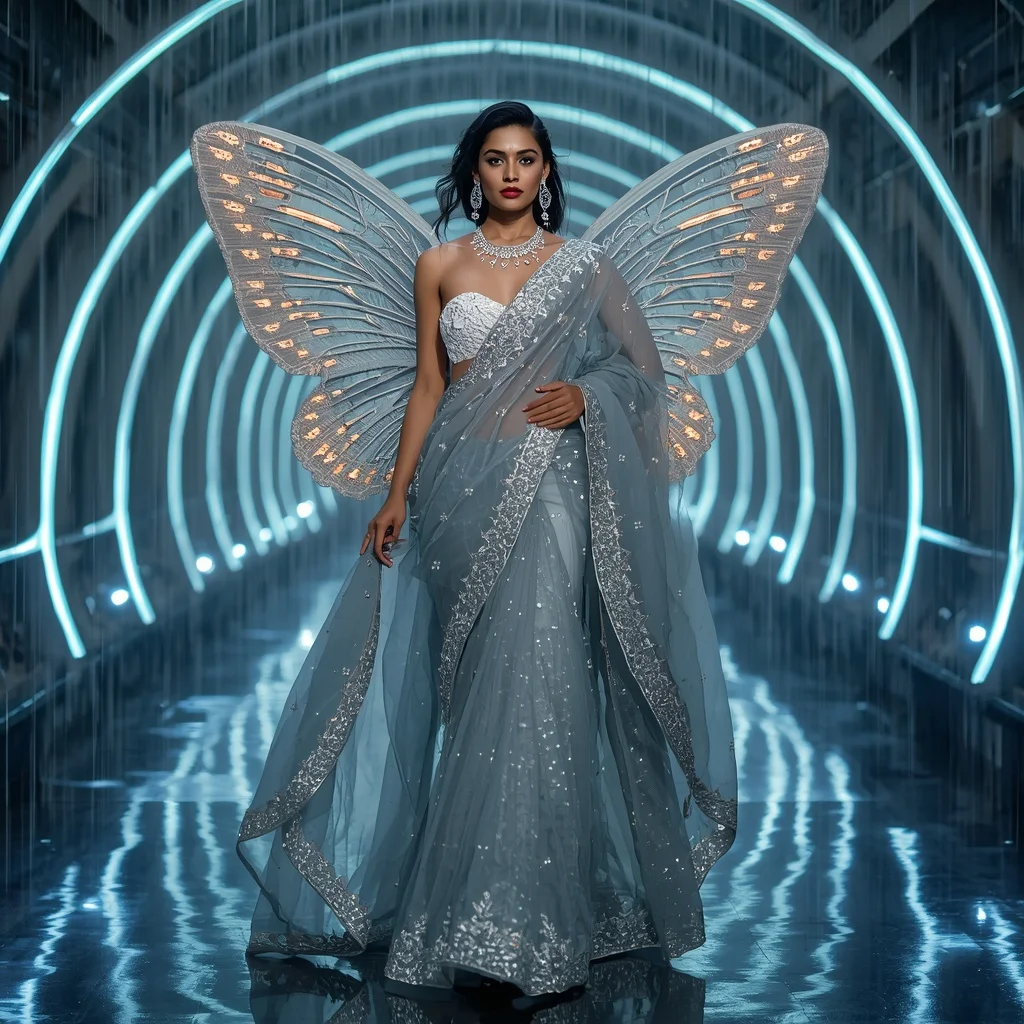 Crystal Butterfly Storm Saree with Digital Rain Lights | Free Ai Prompt