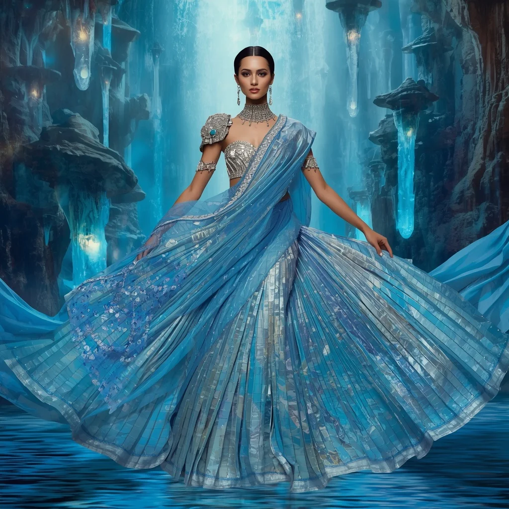 Crystal Canyon Waterfall Saree with Floating Prism River Empire | Gym Influencer Ai Prompt