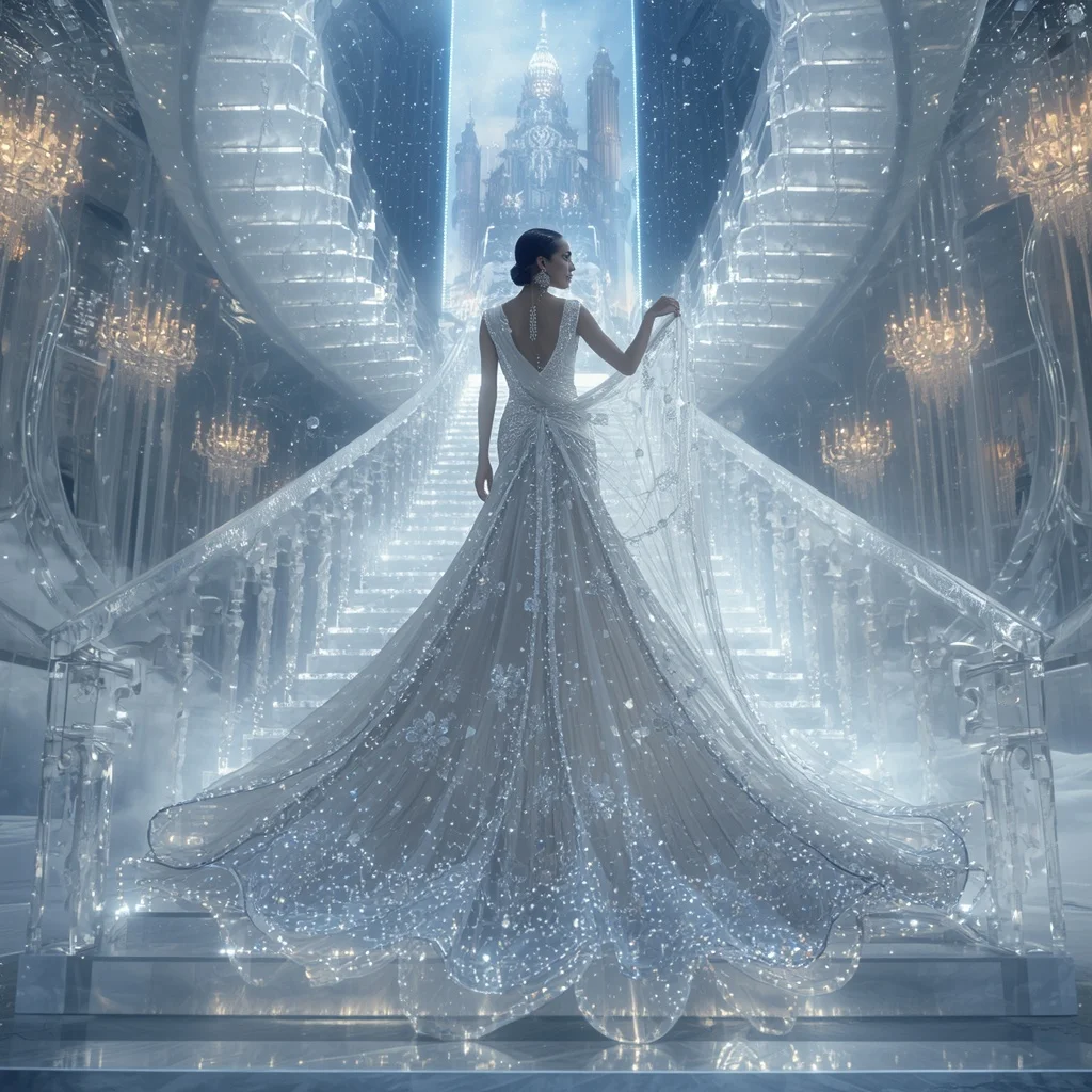 Crystal Celestial Staircase Saree with Floating Heaven Gate Empire | Female Model Ai Prompt