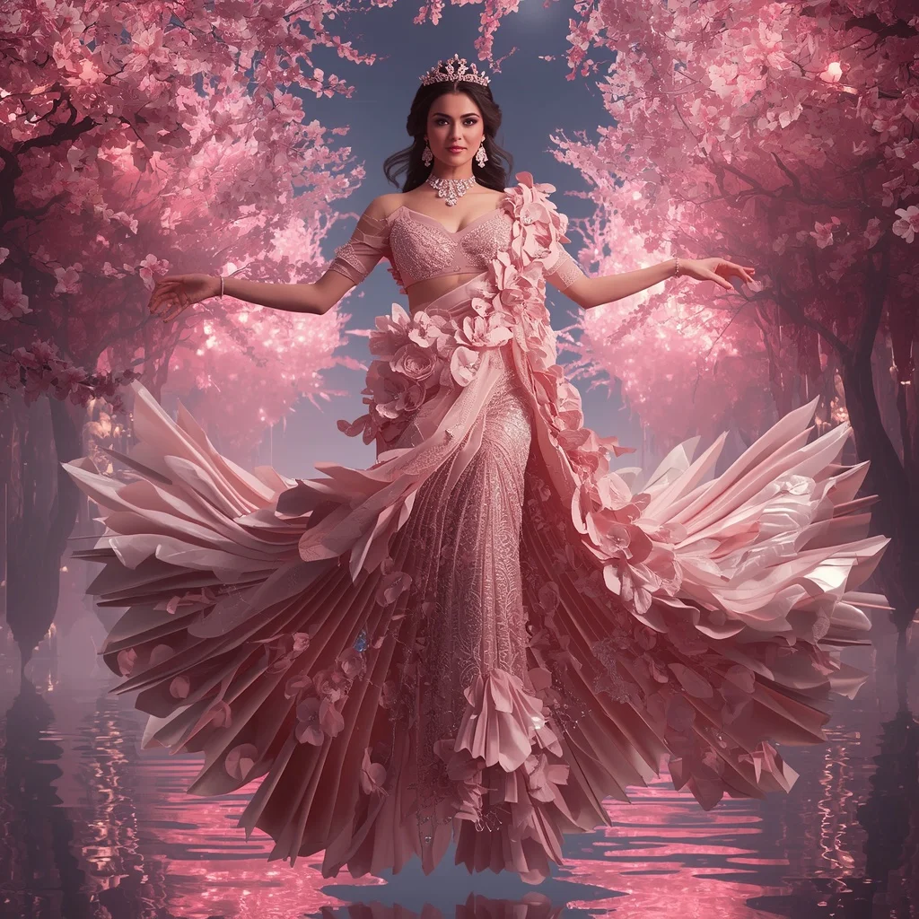 Crystal Cherry Blossom Saree with Floating Petal River Empire | Cinematic Ai Prompt
