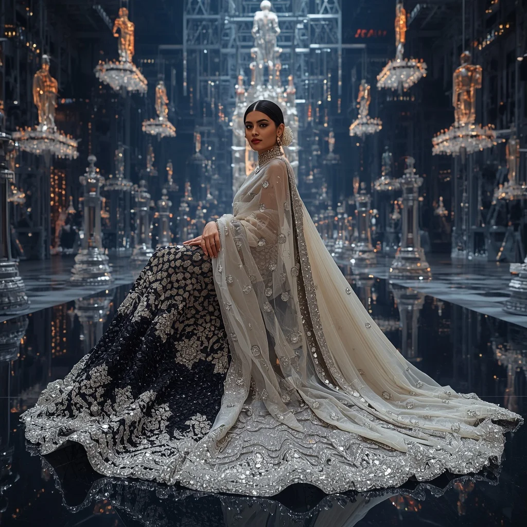Crystal Chessboard Runway Saree with Floating Fashion Kingdom | Character Design Ai Prompt