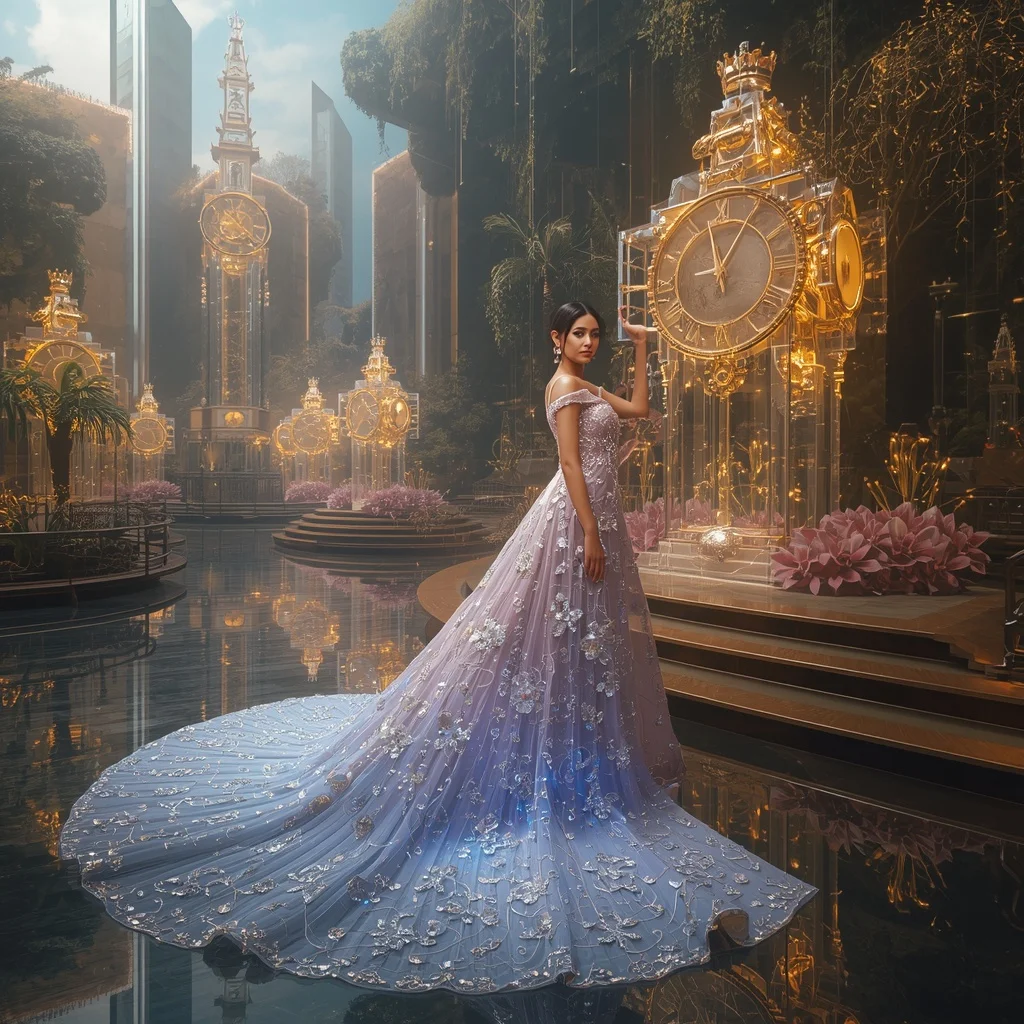 Crystal Clock Tower Saree with Floating Royal Time Garden | Prompt Seen Girl Lehenga