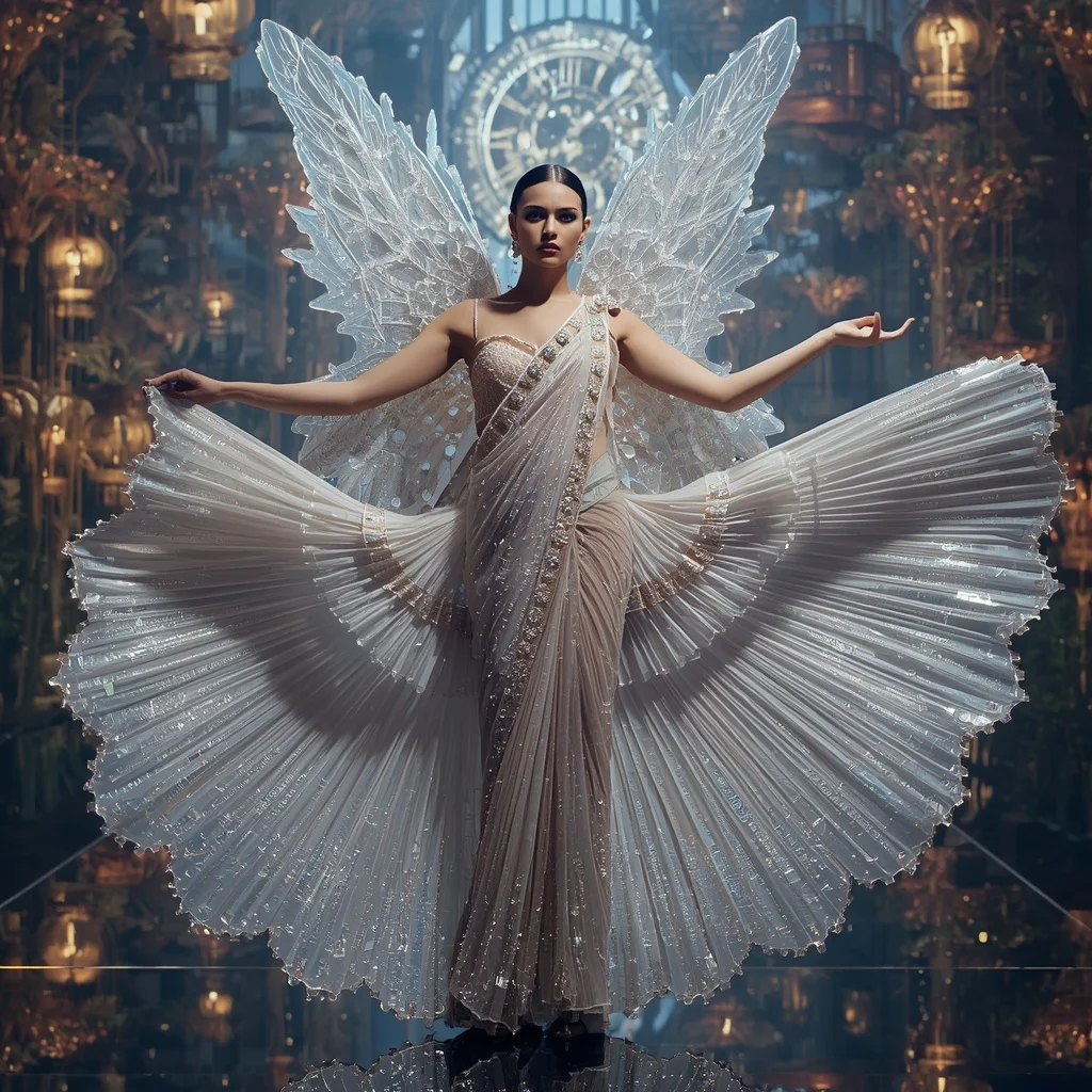 Crystal Clockwork Butterfly Saree with Floating Time Garden Empire | Gemini Ai Photo Prompt