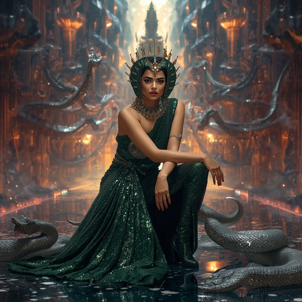 Crystal Cobra Crown Saree with Floating Venom Temple Metropolis | Instagram Girl Gemini Prompt
