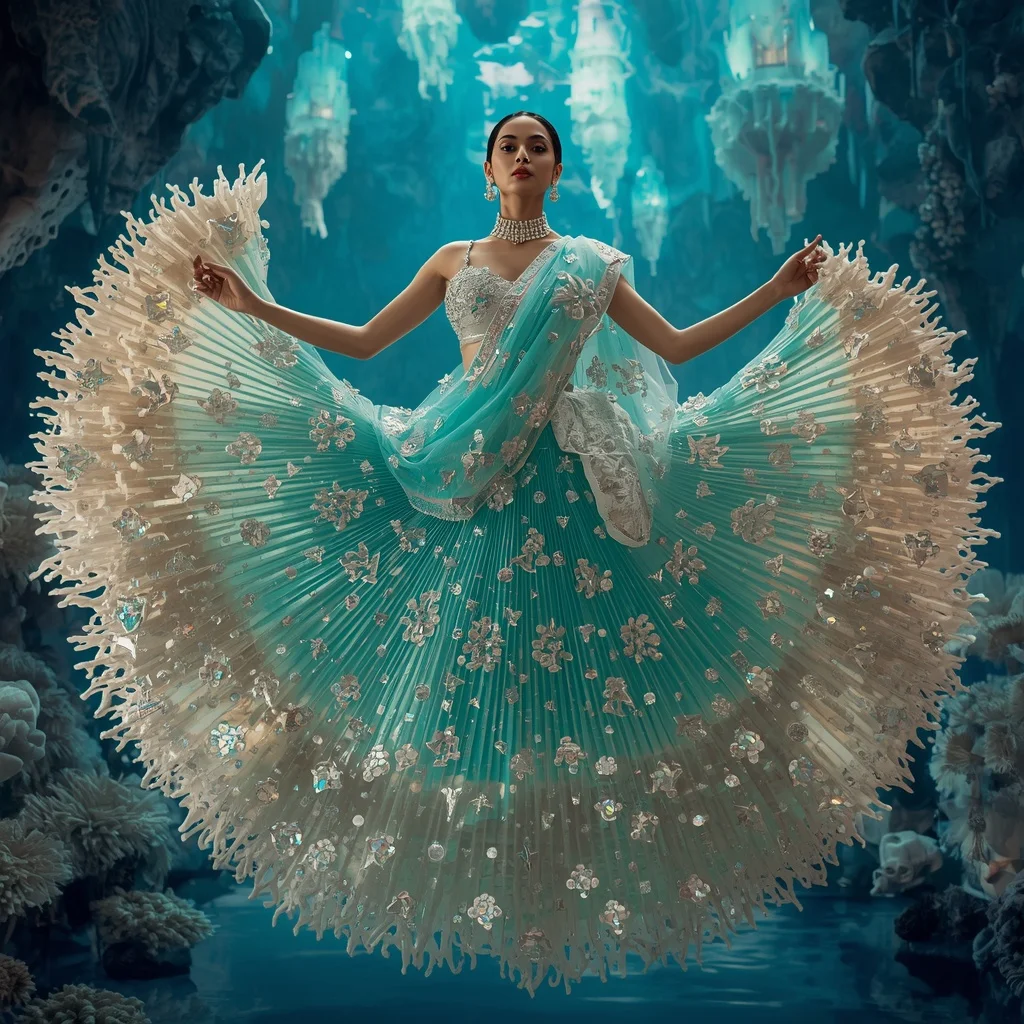 Crystal Coral Castle Saree with Floating Ocean Fantasy Realm | Gemini Ai Photo Prompt Copy Paste