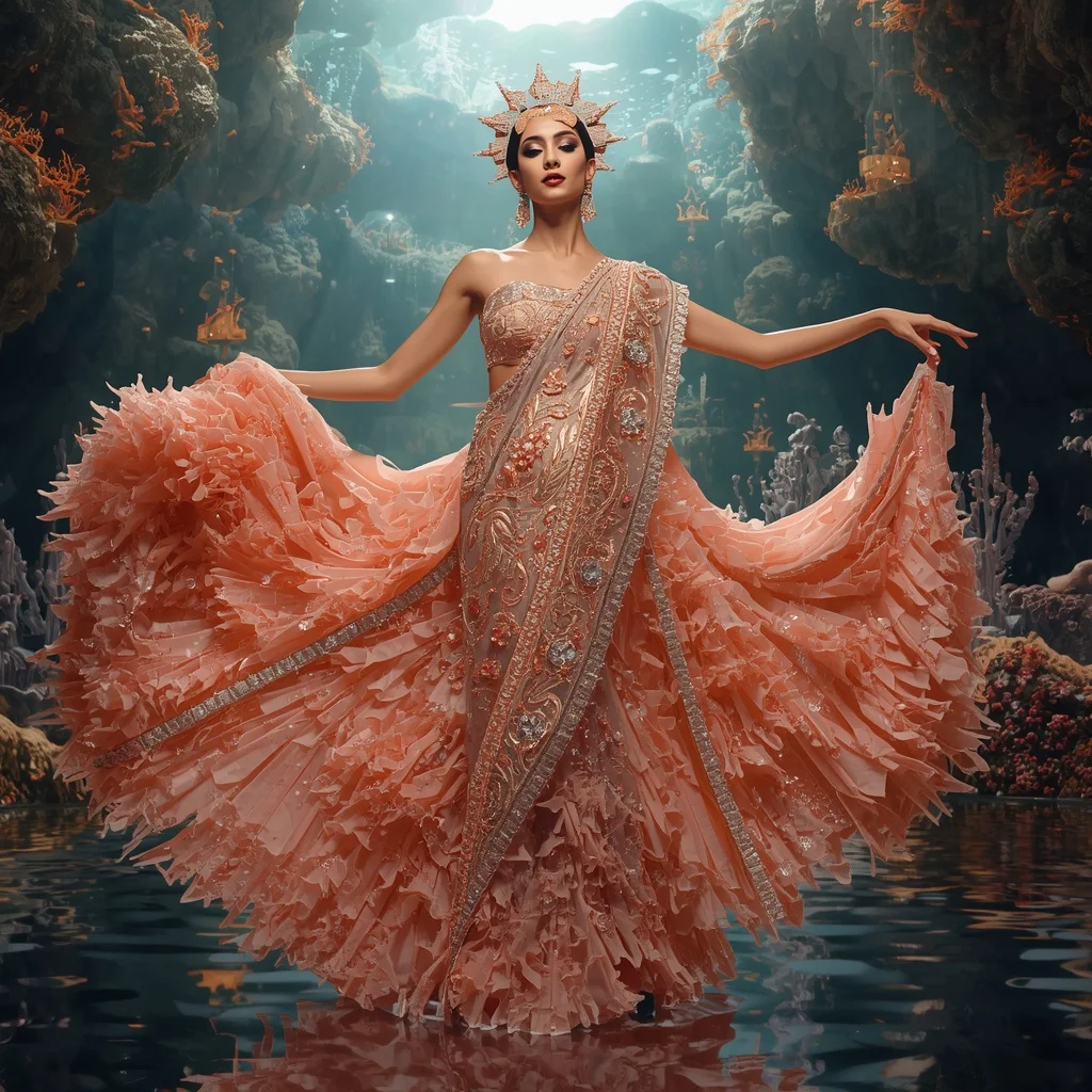 Crystal Coral Palace Saree with Floating Reef Cathedral | New Instagram Trend Prompt For Girl Love