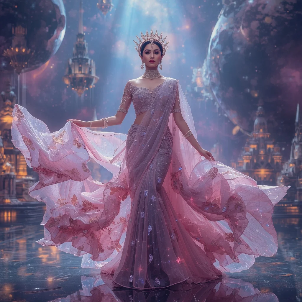 Crystal Cosmic Cathedral Saree with Floating Nebula Temple Universe | New Instagram Trend Prompt For Girl