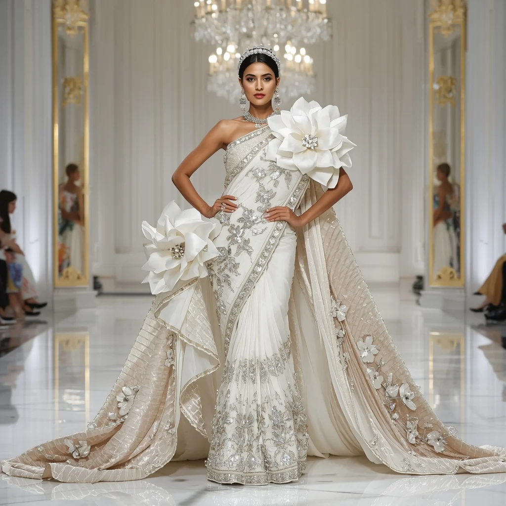 Crystal Crown Blossom Saree with Royal White Palace Hall | Gemini Photo Editing Prompt