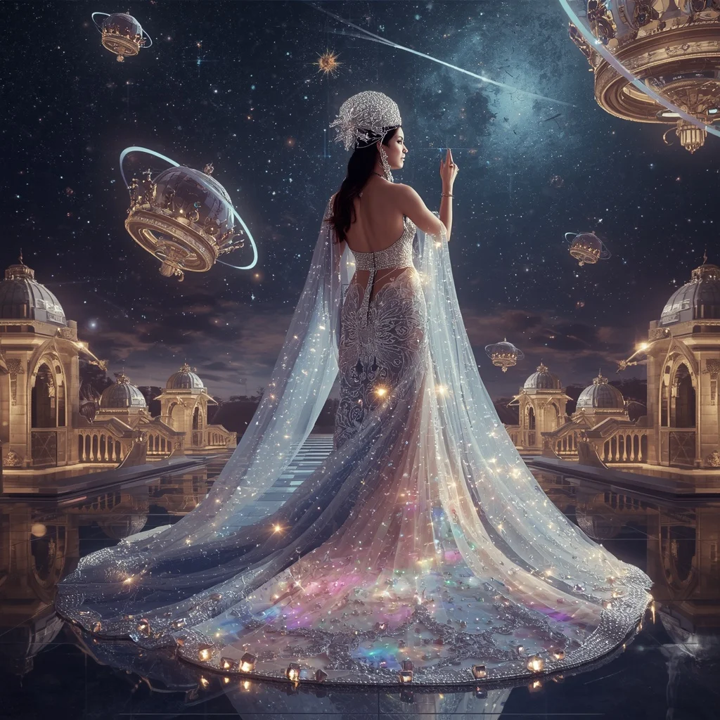 Crystal Crown Observatory Saree with Floating Star Palace Network | Realistic Ai Prompt