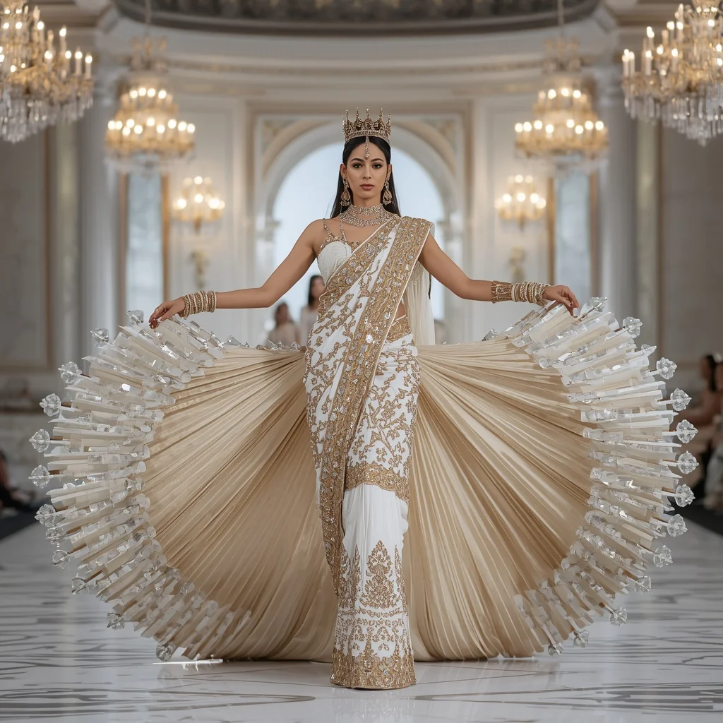 Crystal Crown Palace Saree with Royal White Dome Hall | Prompt For Girl Photo Editing