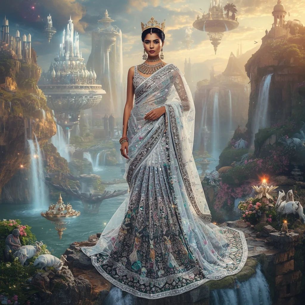 Crystal Crown Waterfall Saree with Floating Royal Paradise | Prompt Seen Girls AI Photo Editing