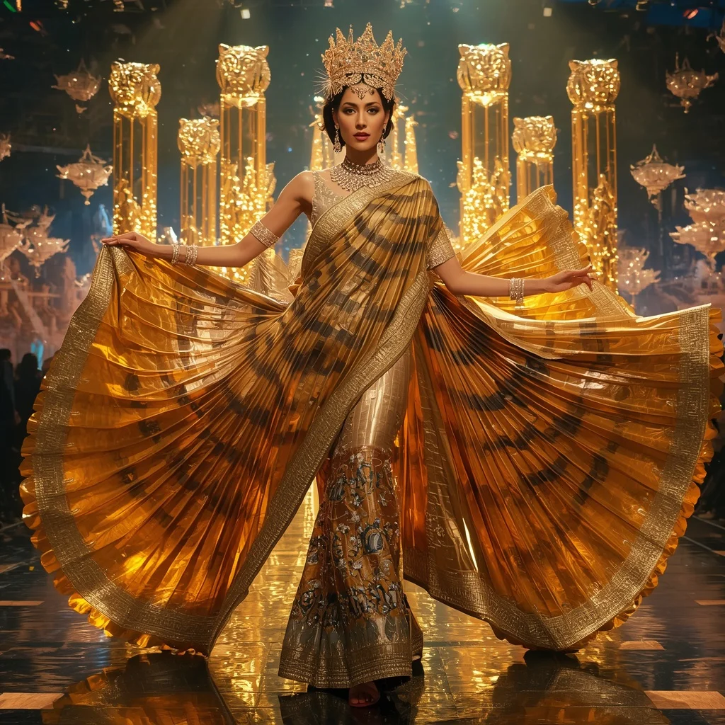 Crystal Crowned Tiger Saree with Royal Jungle Festival Megakingdom | Instagram Viral Photo Ai Prompt