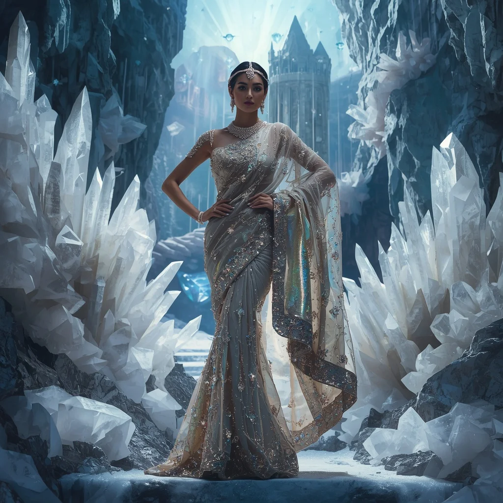 Crystal Crystal Cave Saree with Floating Diamond Mountain Empire | Chatgpt Photo Editing Prompts Trending Girl