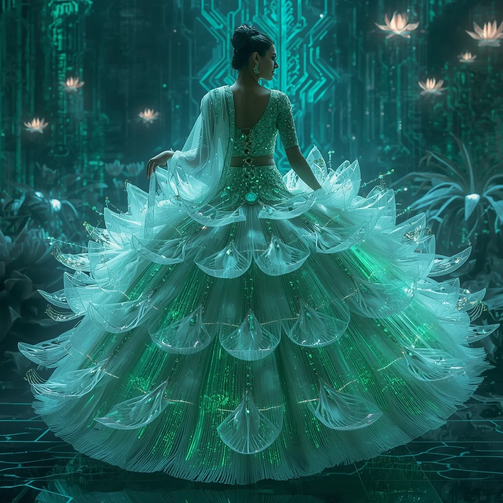 Crystal Cyber Lotus Saree with Neon Bio-Digital Garden Empire | Image To Prompt
