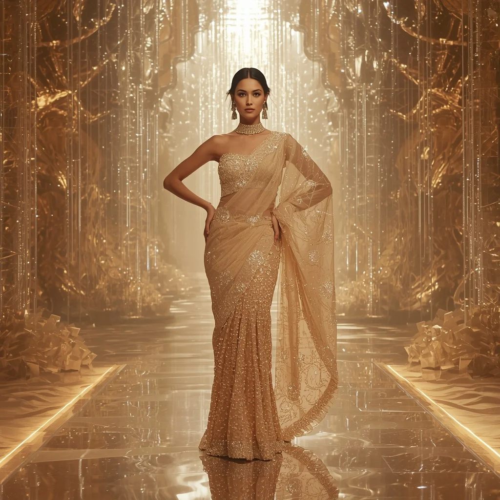 Crystal Desert Waterfall Saree with Floating Mirage Oasis Empire | Trending Prompt Girls Instagram