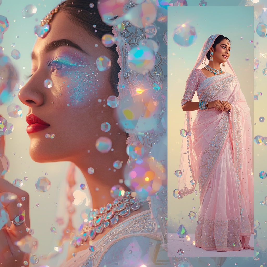Crystal Dewdrop Fantasy Collage | Saree Photoshoot Ai Prompt
