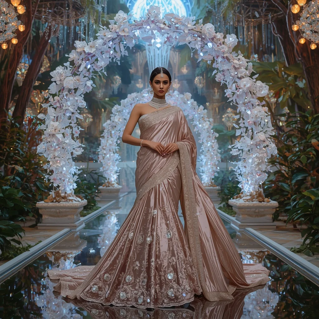 Crystal Diamond Canopy Saree with Floating Royal Garden Cathedral | Photo Prompt