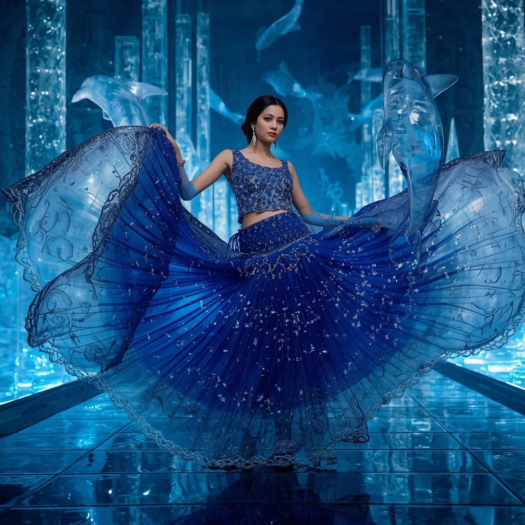 Crystal Dolphin Wave Saree with Ocean Light Megaverse | Indian Girl Ai Prompt
