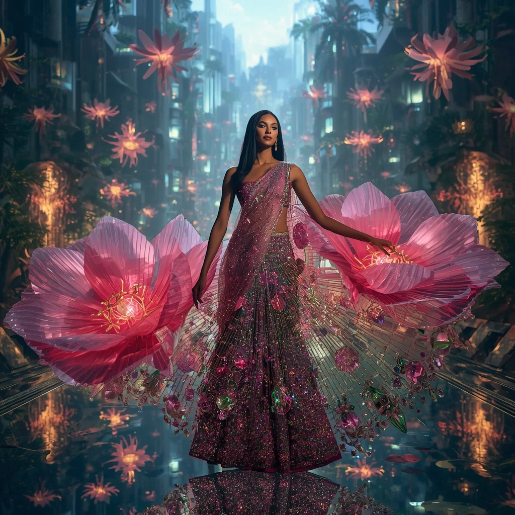 Crystal Dragonfruit Bloom Saree with Floating Tropical Prism City | Stable Diffusion Prompt