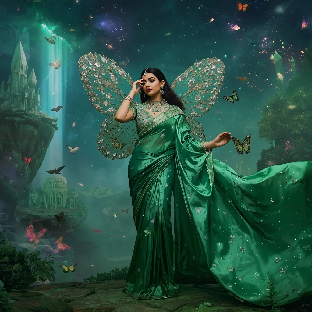Crystal Emerald Butterfly Galaxy Saree with Floating Paradise Universe | Gemini Ai Photo