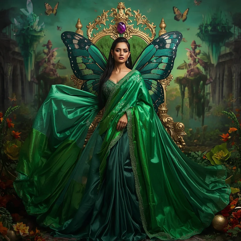 Crystal Emerald Butterfly Throne Saree with Floating Floral Kingdom | New Instagram Trend Prompt For Girl Copy And Paste