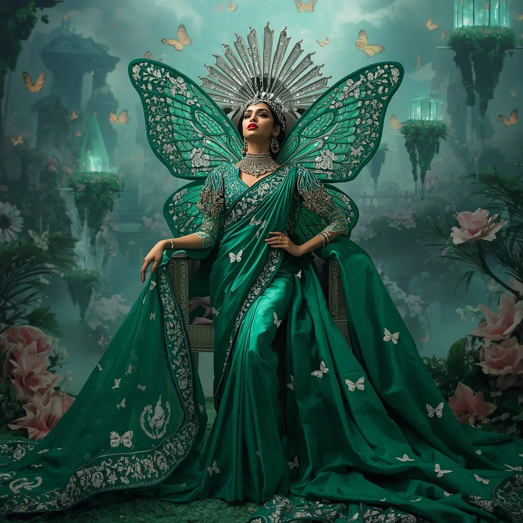 Crystal Emerald Butterfly Throne Saree with Floating Floral Kingdom | Ai Gemini Prompt