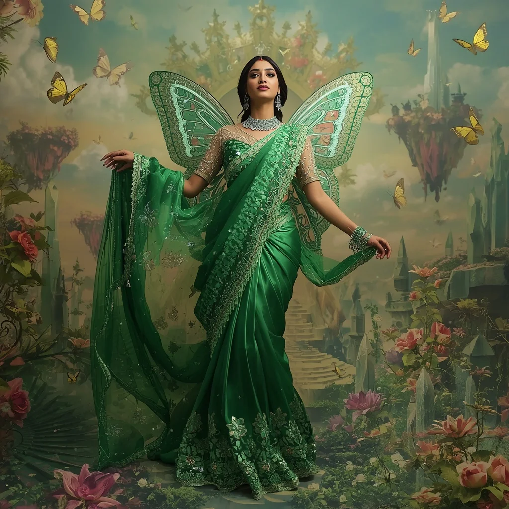 Crystal Emerald Butterfly Throne Saree with Floating Floral Kingdom | Instagram Photography Ai Prompt
