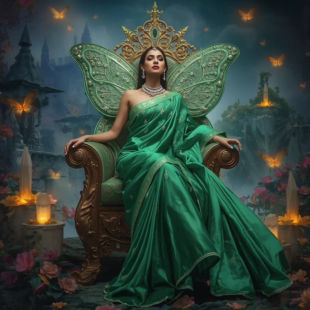 Crystal Emerald Butterfly Throne Saree with Floating Floral Kingdom | Fitness Model Ai Prompt