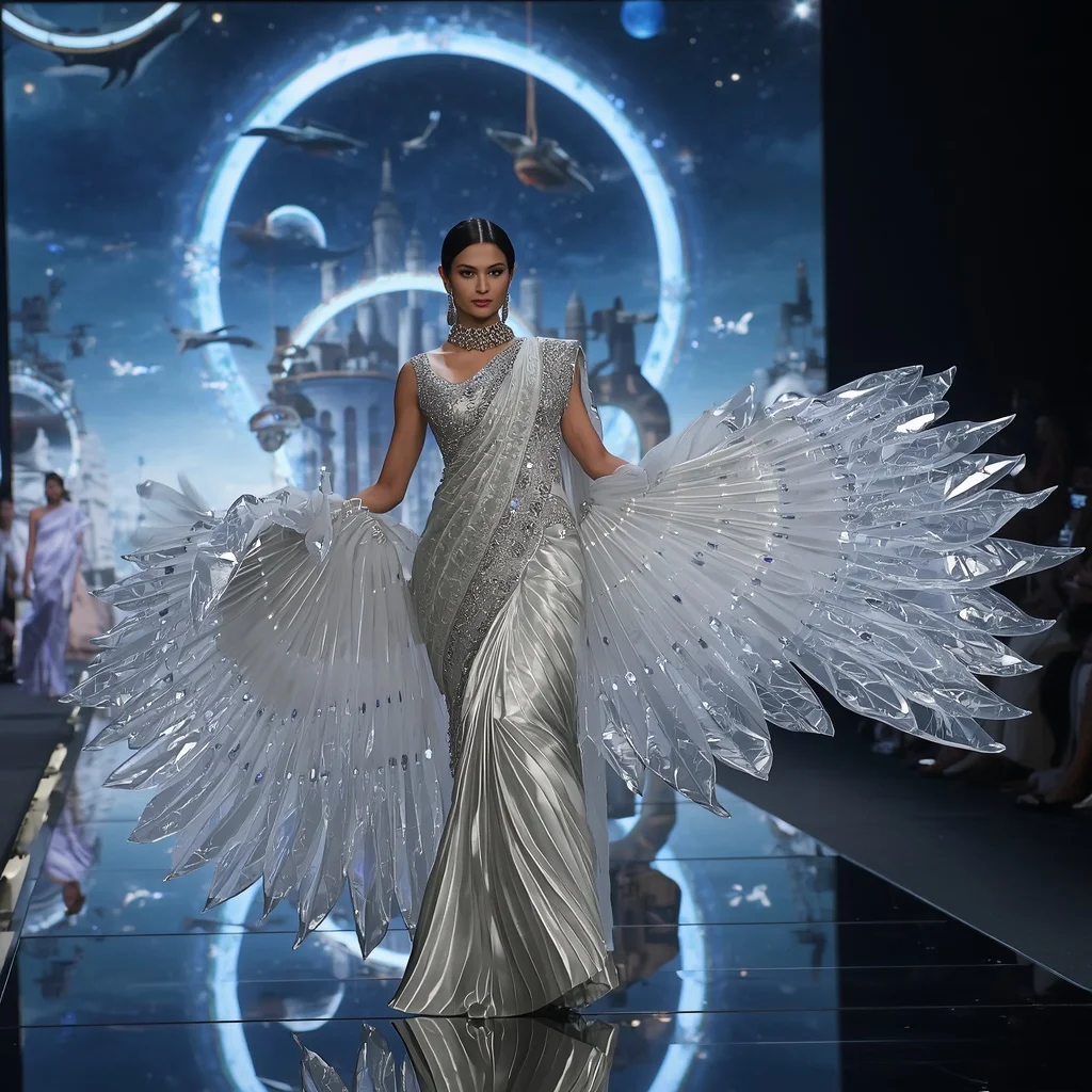 Crystal Falcon Orbit Saree with Floating Sky Ring Civilization | Gemini Ai Photo Prompt Copy Paste
