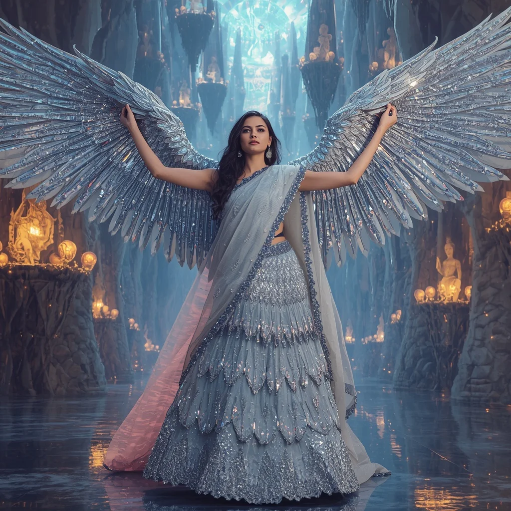 Crystal Falcon Wing Saree with Floating Sky Fortress Civilization | Grok Ai Prompt